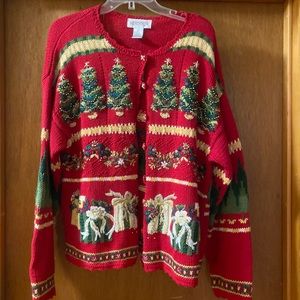 Christmas Sweater beaded trees Casual corner annex XL red green